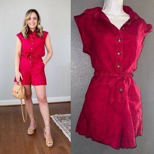 Loft New w Tags Red Belted Spring Linen Romper Womens Jumpsuit size Medium